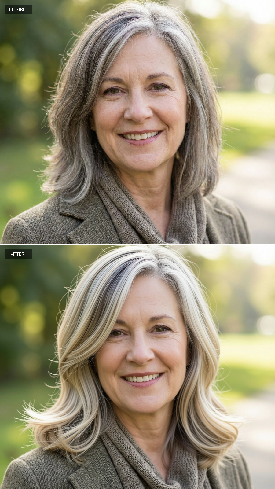 Blended Sandy Blonde Shoulder-length Cut With Subtle Flip At The Ends And Natural Grey Dimension On A 60-year-old Woman Smiling Outdoors