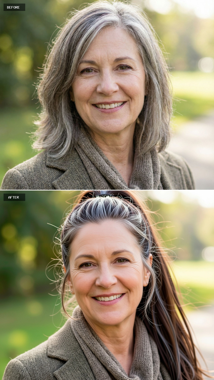 High Ponytail In Brunette With Visible Grey Streaks And Gentle Volume At The Crown, Youthful Yet Realistic On A 60-year-old Woman Smiling Outdoors