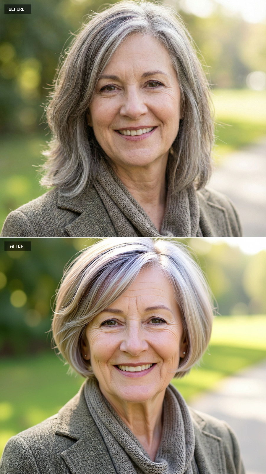 Short Sandy Blonde Pixie-bob With Textured Layers And Soft Silver Highlights At The Fringe On A 60-year-old Woman Smiling Outdoors
