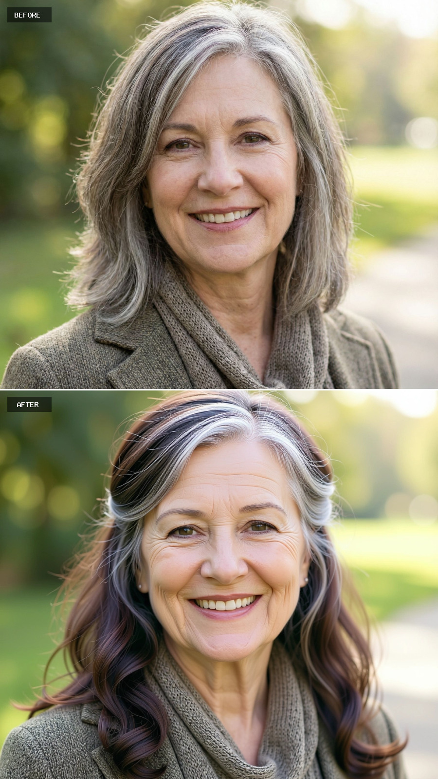 Loose Half-up Hairstyle In Brunette With Partial Grey, Soft Waves Through The Length And Relaxed Polish On A 60-year-old Woman Smiling Outdoors