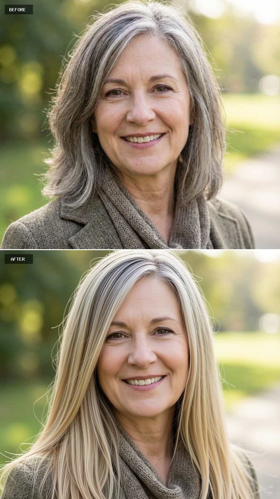 Long Sandy Blonde Hair Worn Straight With Blended Grey And Light Face-framing Layers, Natural Shine And Softness On A 60-year-old Woman Smiling Outdoors