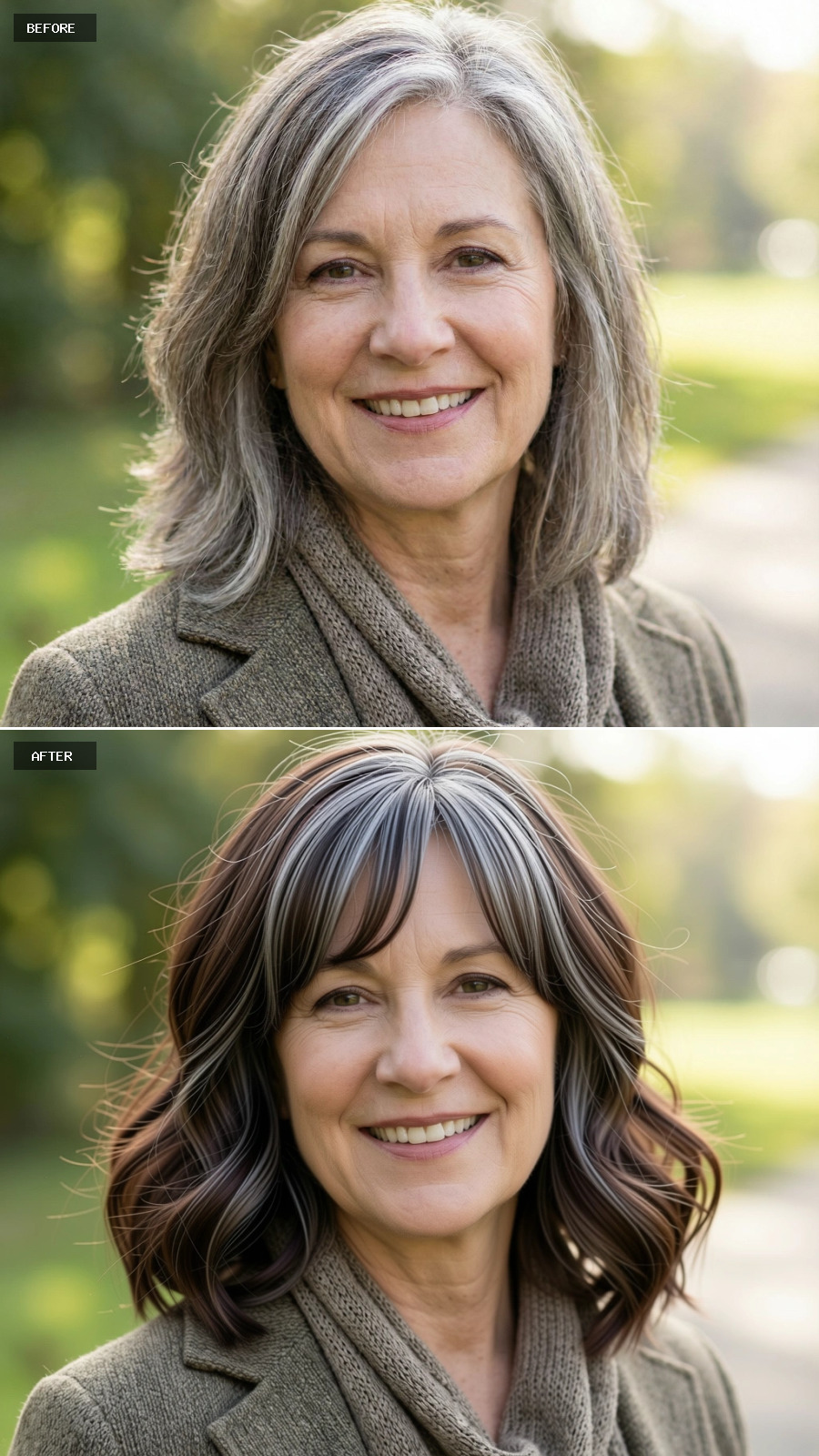 Medium-length Brunette Cut With Partial Grey, Curtain Bangs And Softly Waved Ends, Modern And Flattering On A 60-year-old Woman Smiling Outdoors