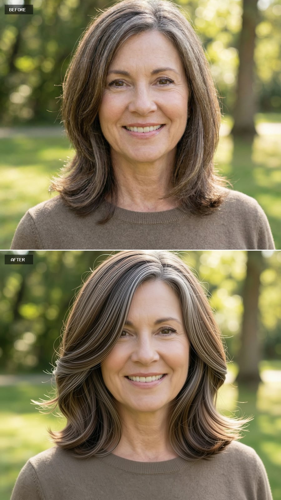 A Collarbone-length Chestnut Brown Cut With Soft Face-framing Layers, Grey Fully Blended Out, Styled In Loose Polished Waves