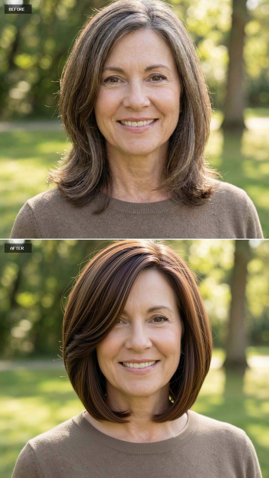 A Shorter Layered Brunette Bob Just Below The Jawline, Grey Removed, Side-parted And Blow-dried With Volume And Movement