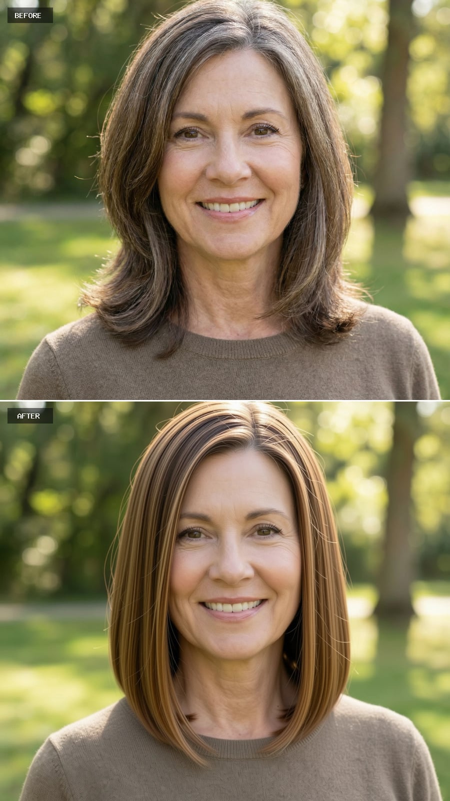 A Medium-length Warm Brown Hairstyle With Subtle Caramel Dimension, Grey Toned Away, Styled Sleek And Straight With A Refined Finish