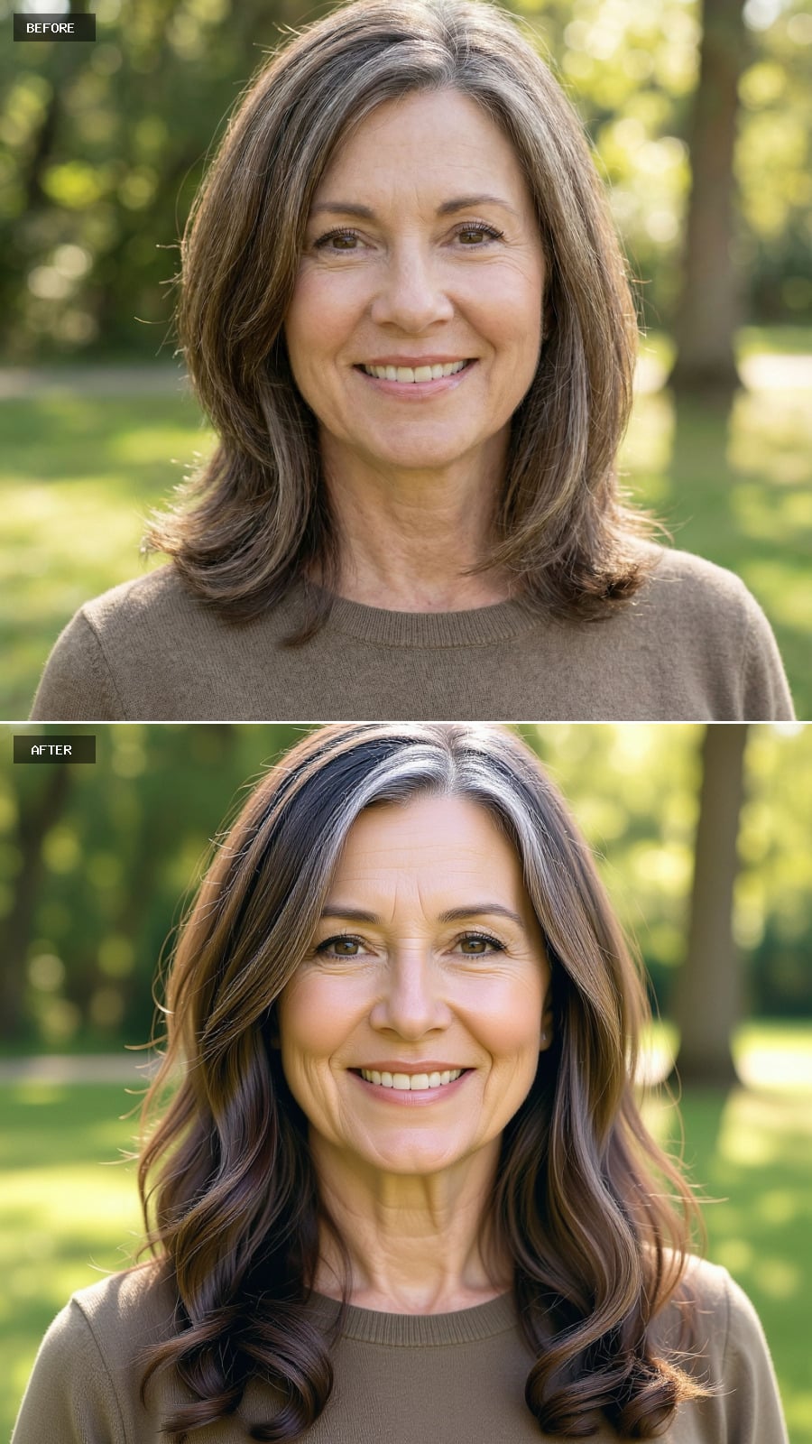 A Long Layered Brunette Cut Falling Past The Shoulders, Grey Minimized, Styled In Soft Flowing Waves For An Elegant, Youthful Look