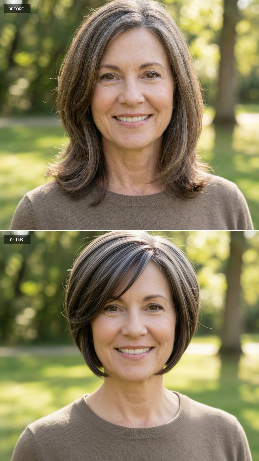 A Chic Short Brunette Pixie-bob With Longer Top Layers, Grey Removed, Styled Smooth With Light Texture And Lift At The Crown