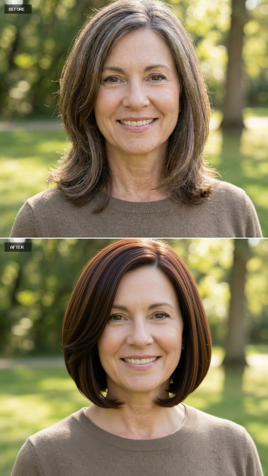 A Classic French-inspired Bob In Rich Medium Brown, Grey Eliminated, Side-parted And Styled Smooth And Timeless