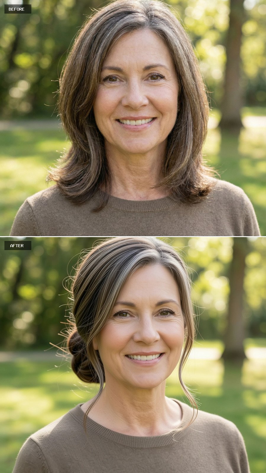 A Mid-length Brunette Hairstyle Styled Into A Low Loose Chignon At The Nape, Grey Minimized, With Soft Face-framing Strands