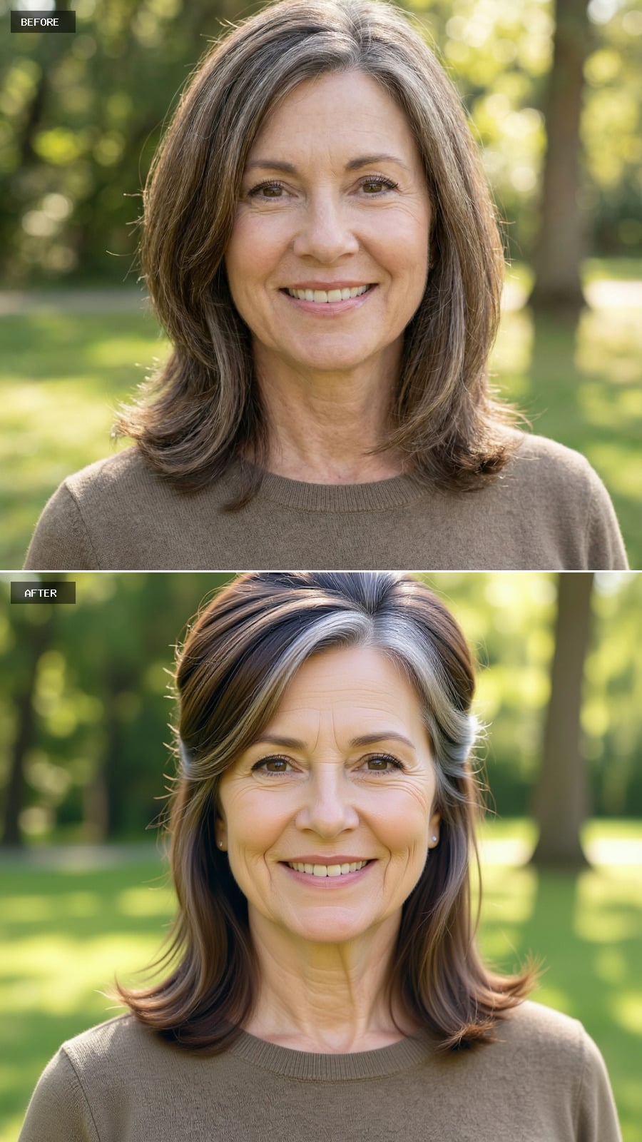 A Warm Brunette Shoulder-length Cut Styled Half-up With Subtle Volume At The Crown, Grey Softly Blended Out