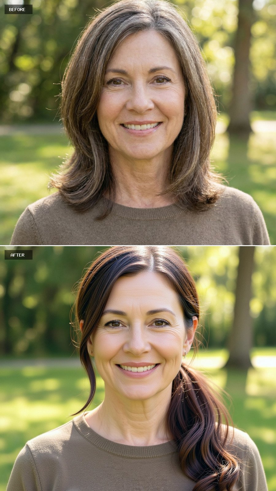 A Long Brunette Hairstyle Styled Into A Relaxed Low Ponytail With Gentle Wave Through The Lengths, Grey Removed