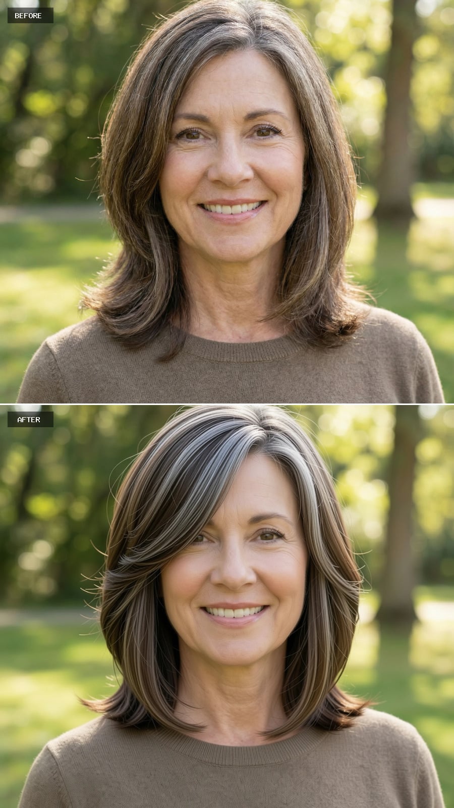A Collarbone-length Brunette Cut With Feathered Layers And A Side-swept Fringe, Grey Blended Seamlessly