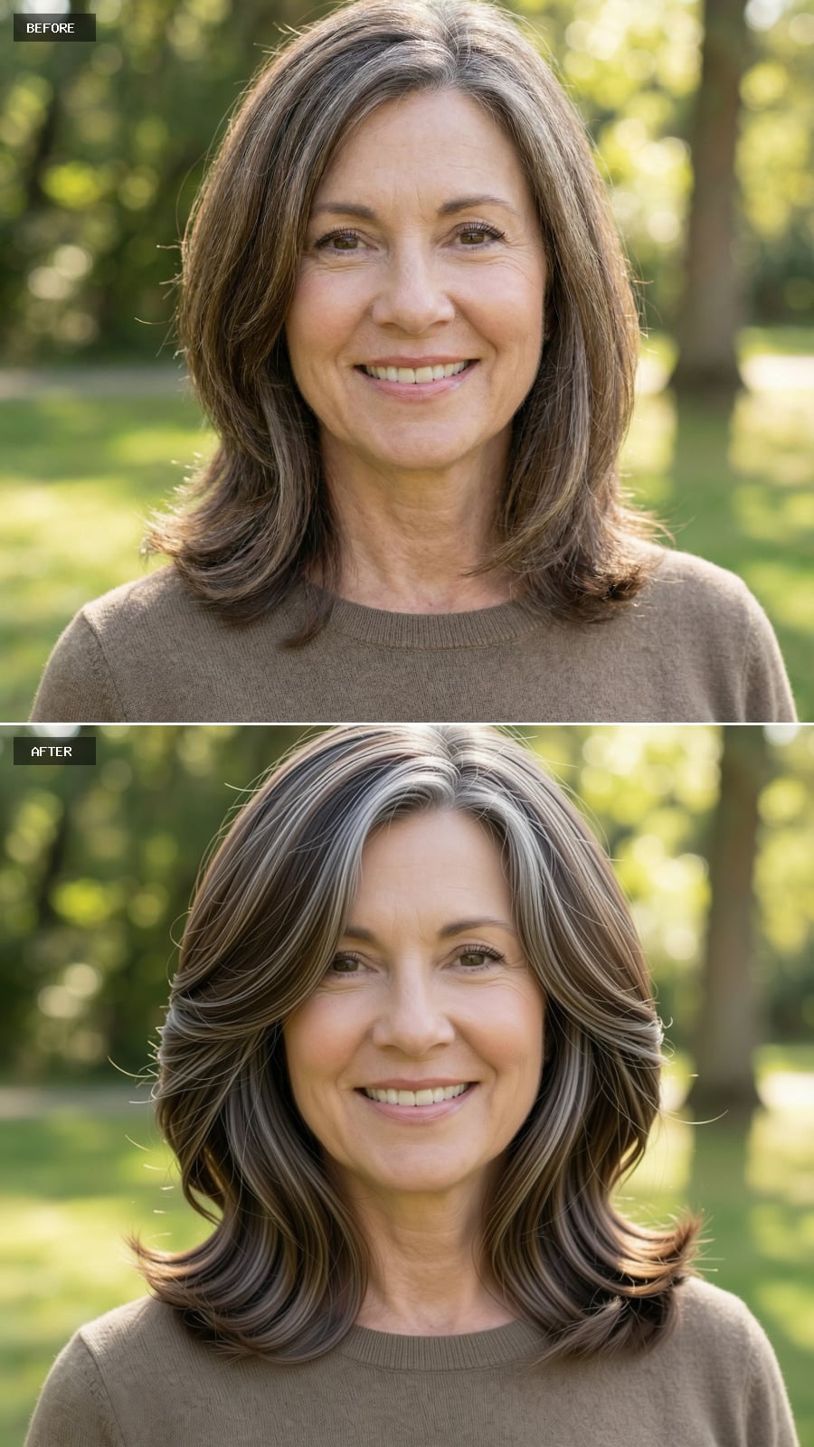 A Softly Layered Shoulder-length Brunette Hairstyle Styled In A Voluminous Blowout, Grey Minimized For A Glossy Finish