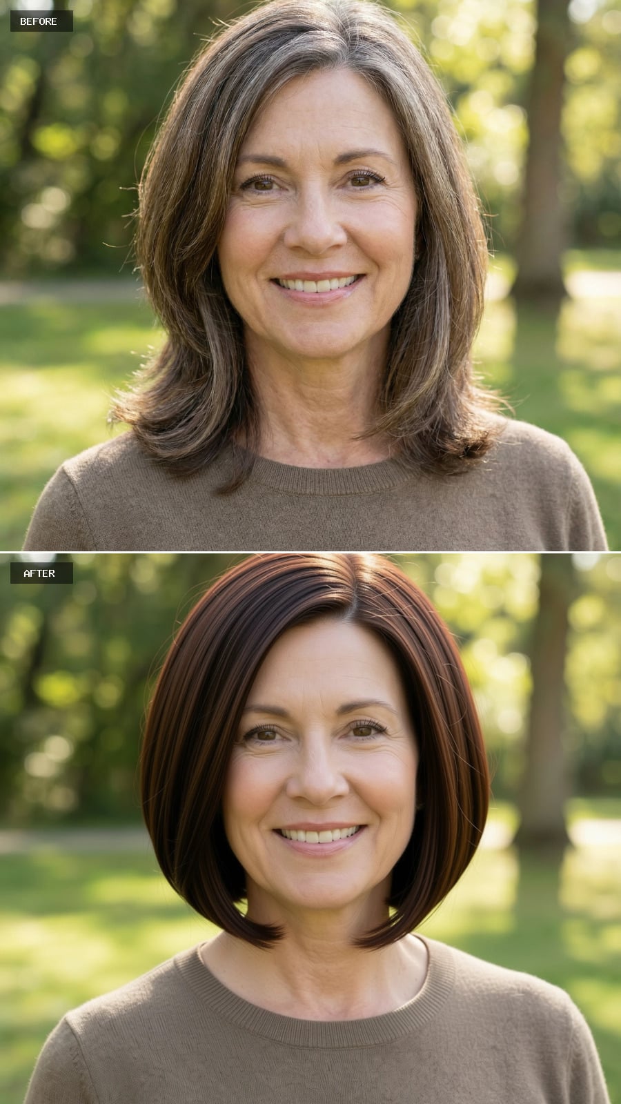 A Short Rounded Brunette Bob With Light Stacking At The Back, Grey Removed, Styled Sleek And Polished