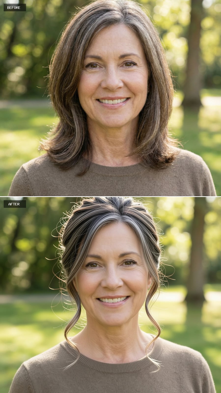 A Medium-length Brunette Hairstyle Styled Into A Loose Twisted Updo With Relaxed Tendrils Around The Face, Grey Blended Out