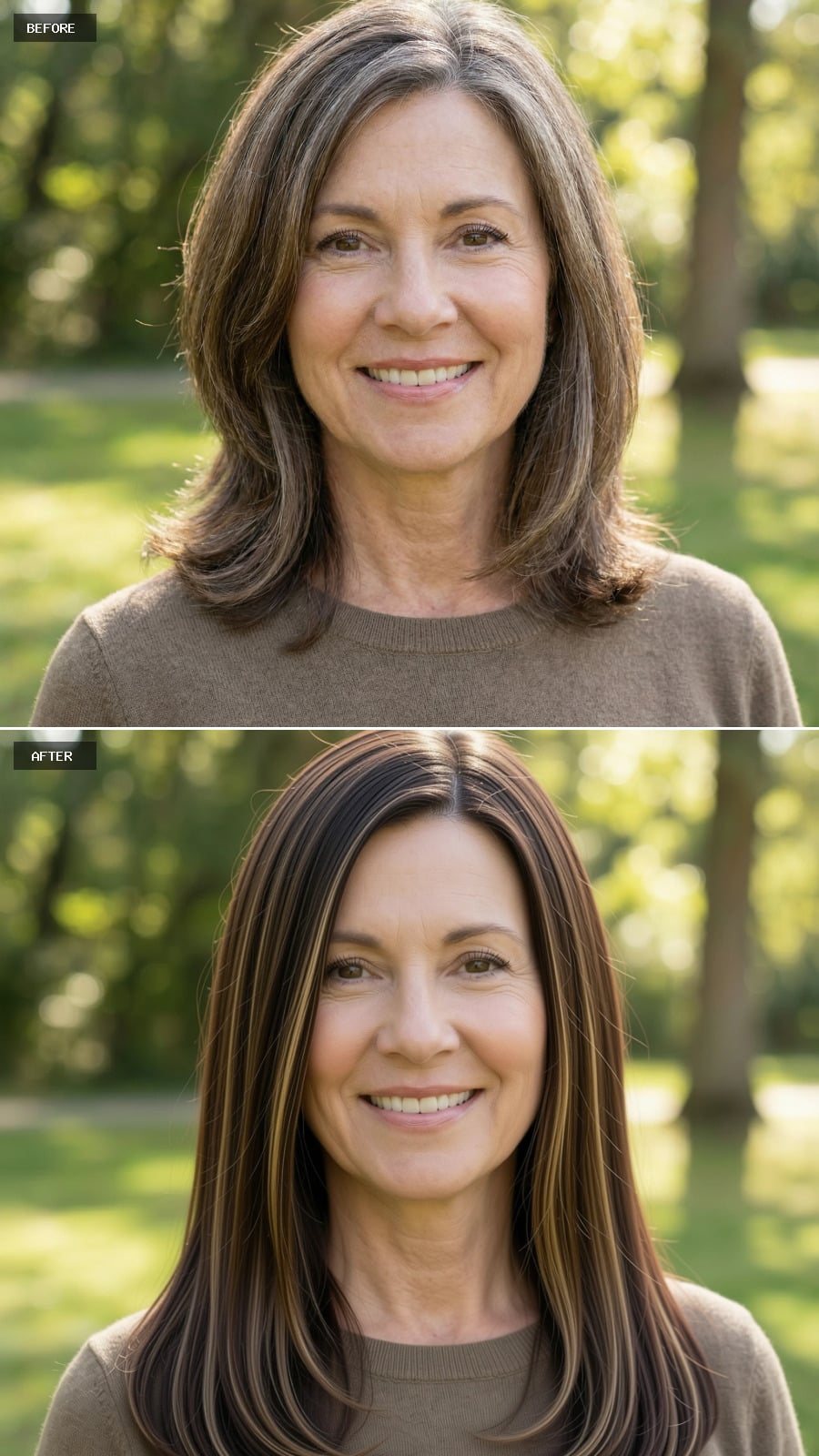 A Long Brunette Hairstyle With Subtle Highlights, Grey Removed, Styled Straight With A Center-to-soft-side Part