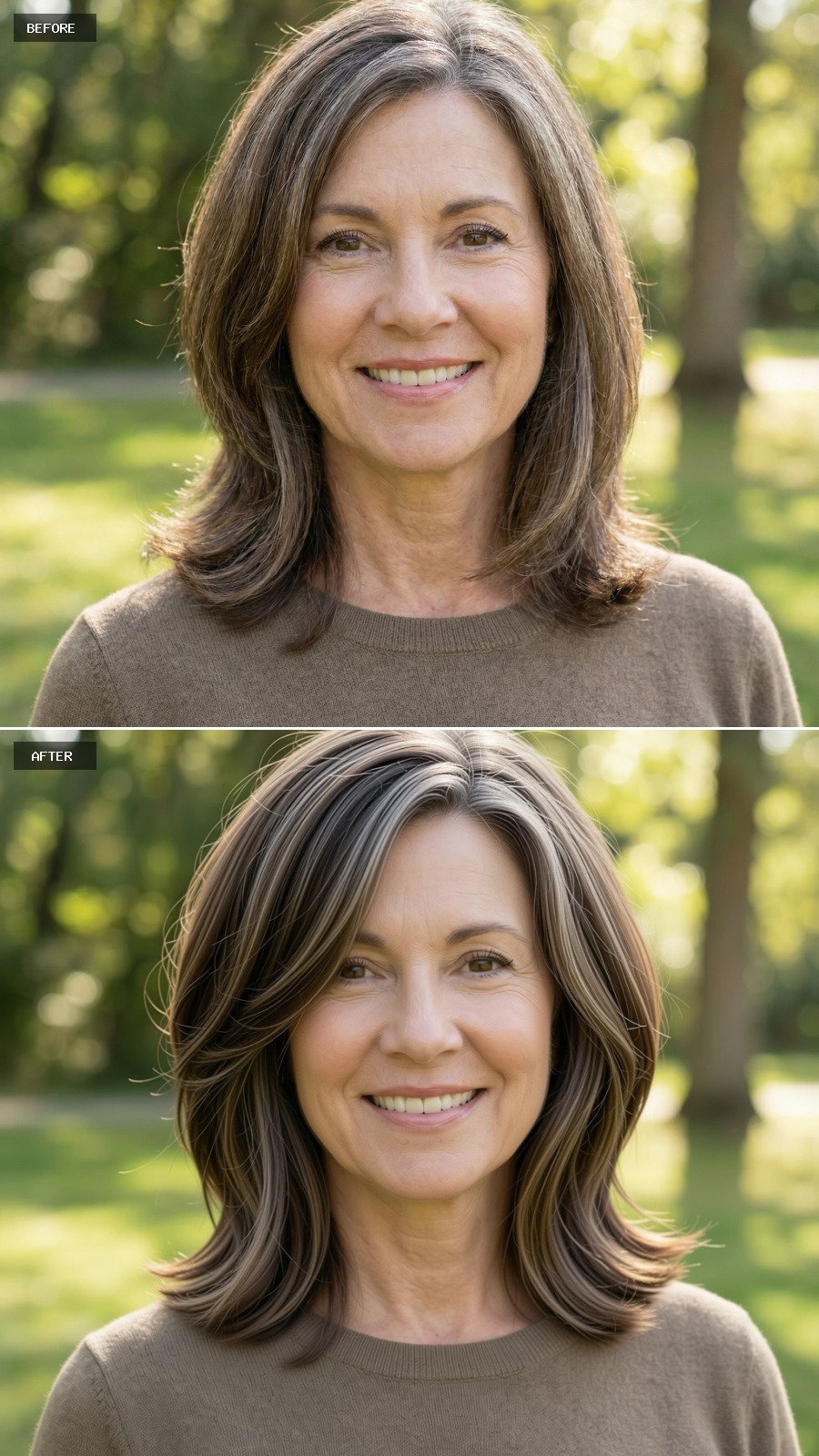 A Shoulder-length Brunette Shag With Refined Layers And Movement, Grey Minimized, Styled With Soft Texture