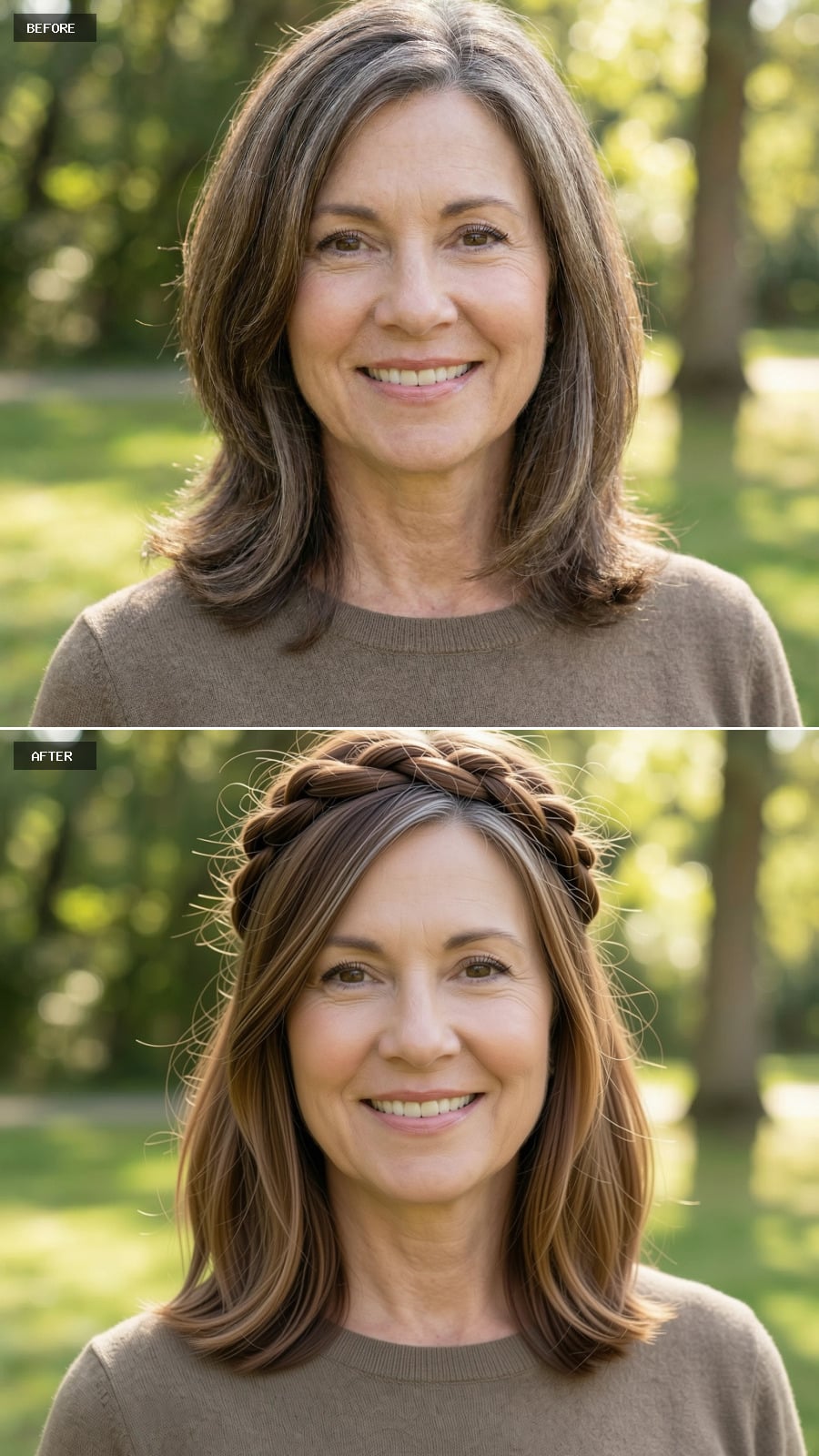 A Warm Brown Shoulder-length Cut Styled Into A Soft Braided Crown Upstyle, Grey Minimized Naturally