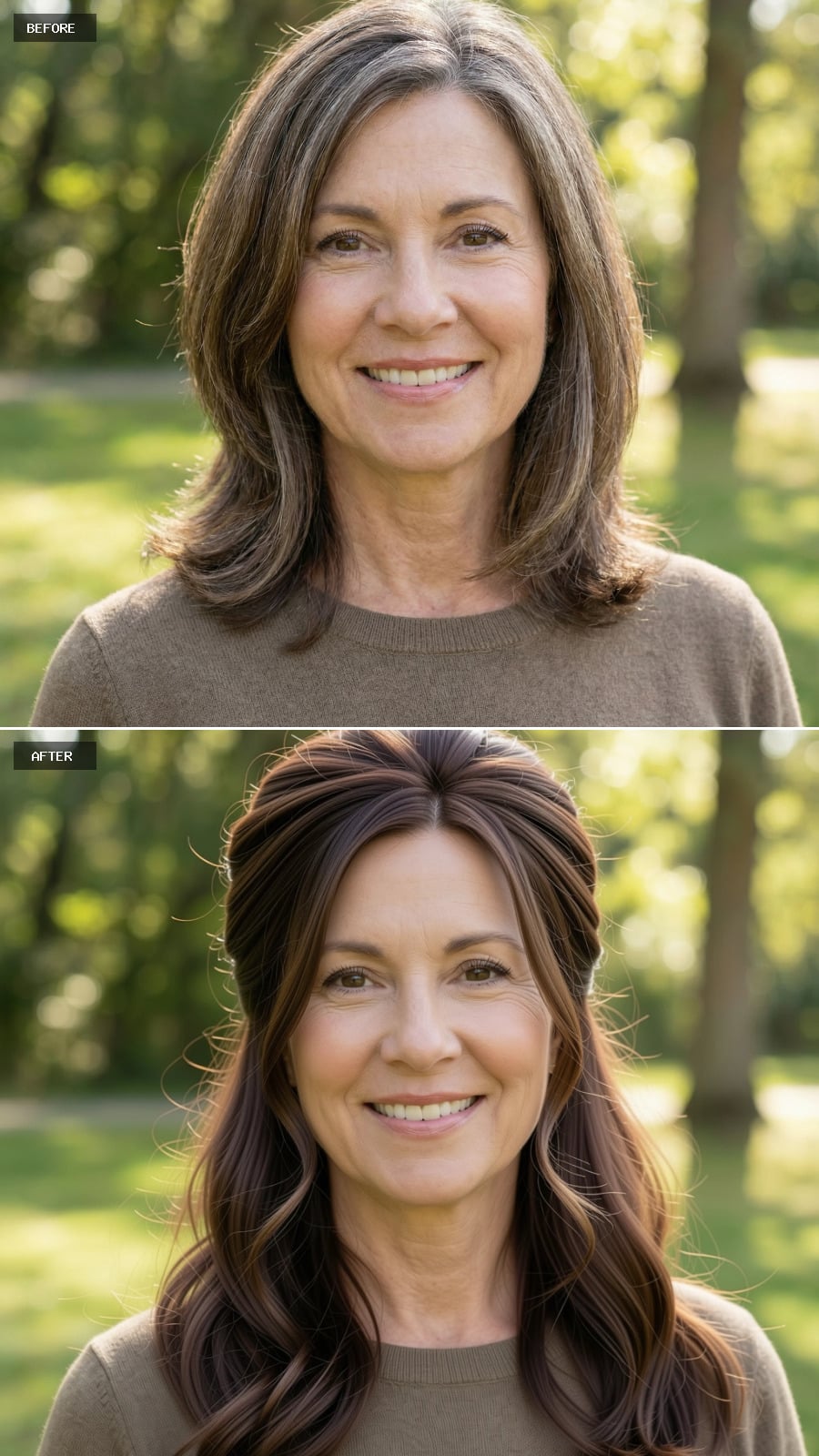 A Long Layered Brunette Hairstyle Styled Into An Elegant Updo With Volume At The Crown And Smooth Sides, Grey Removed