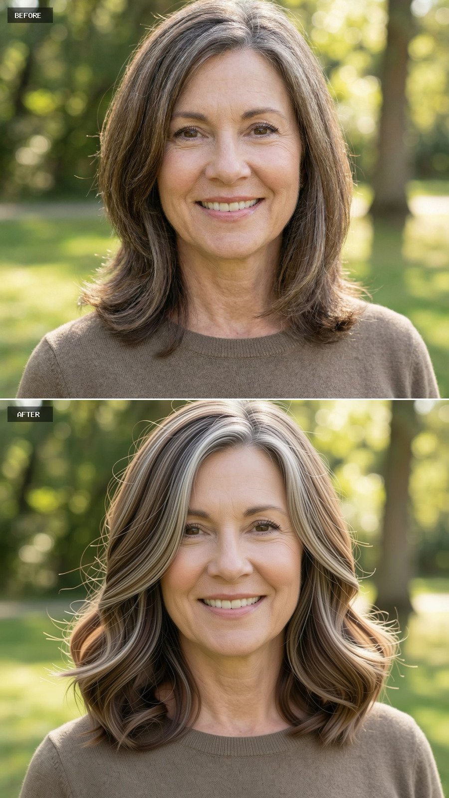 A Collarbone-length Warm Brown Cut With Long Layers, Grey Softly Blended Out, Styled In Loose Beachy Waves