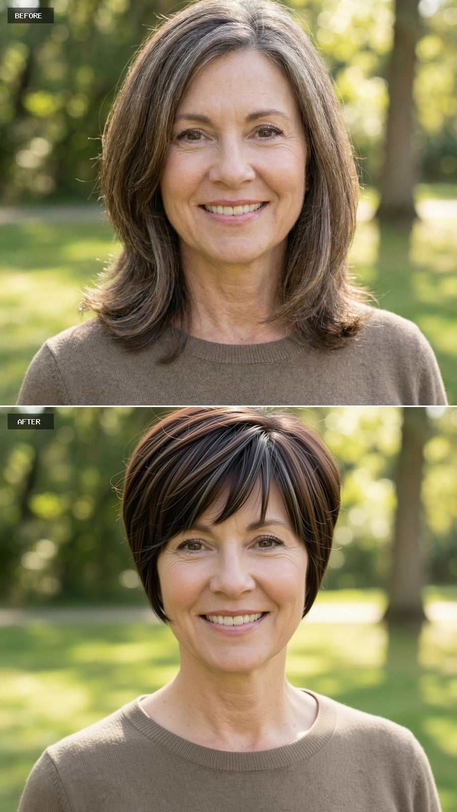 A Short Tapered Brunette Pixie With Longer Fringe, Grey Eliminated, Styled Softly With Texture And Lift