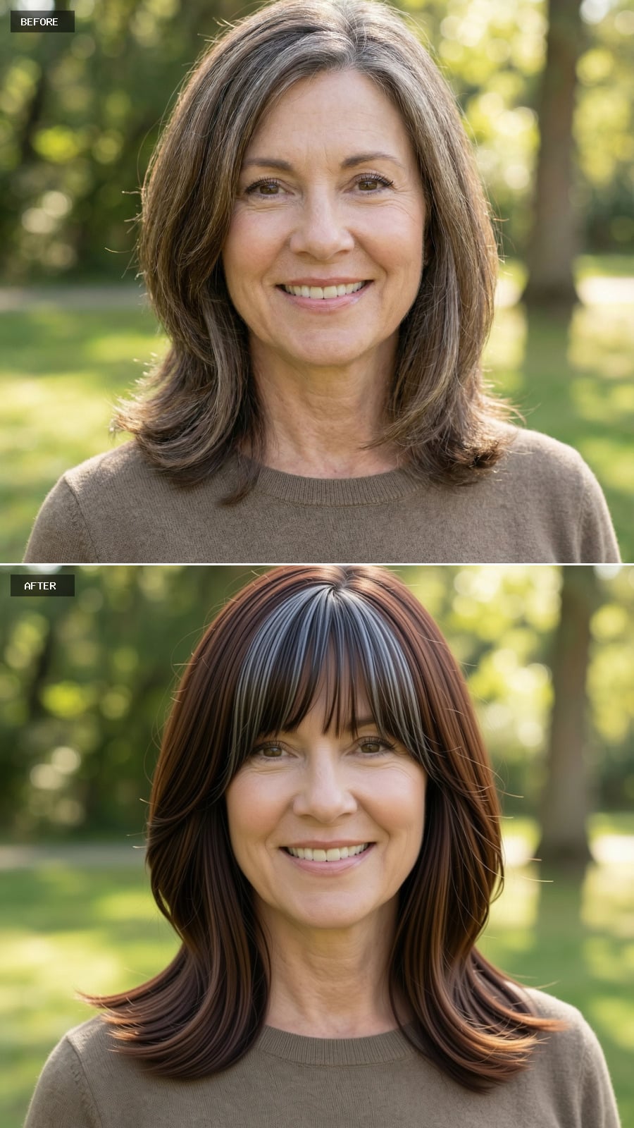 A Shoulder-length Rich Brown Hairstyle With Curtain Bangs, Grey Minimized, Styled With A Relaxed, Face-framing Blowout
