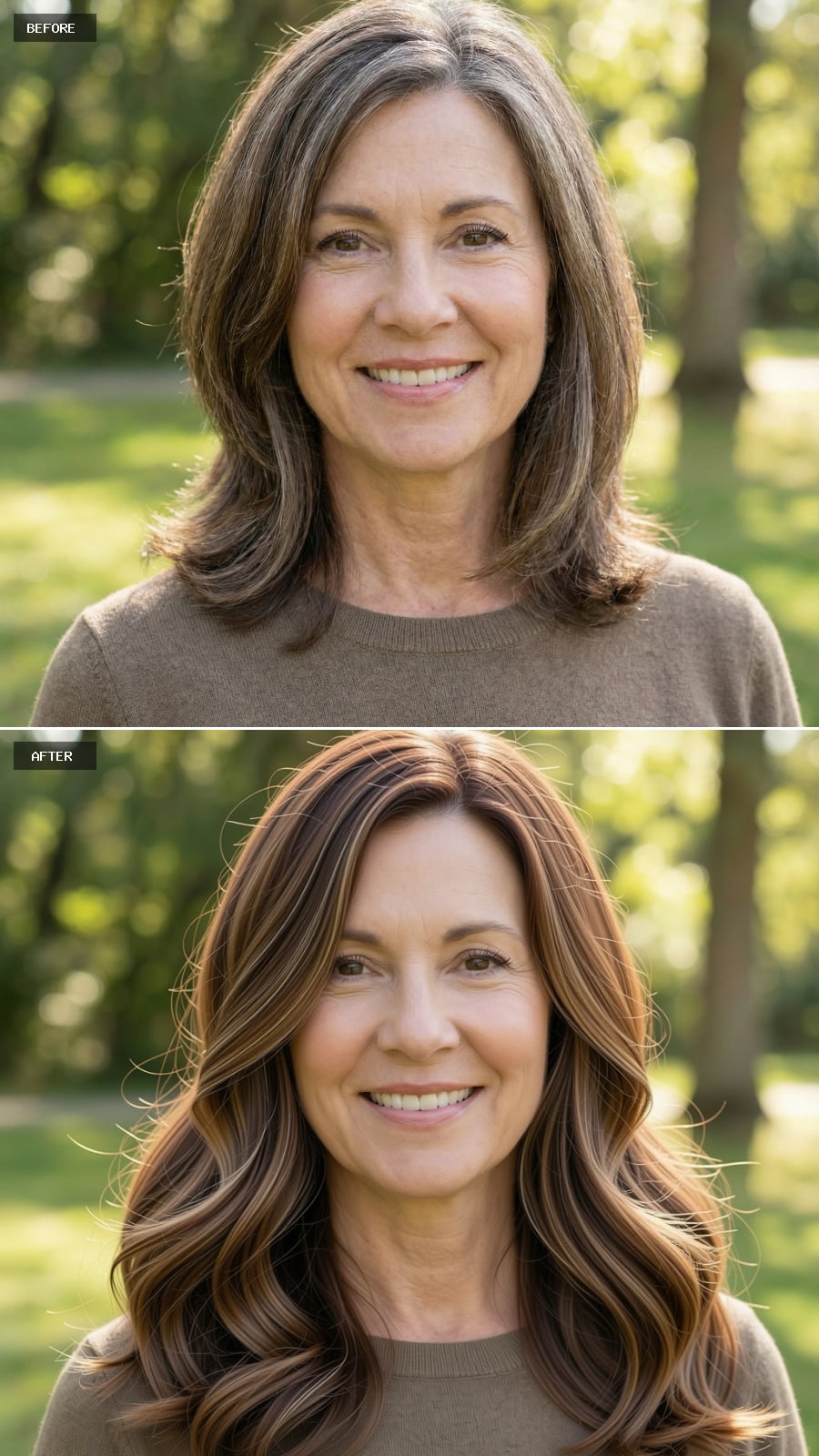 A Long Warm Brunette Cut With Barely-there Highlights, Grey Removed, Styled In Polished Cascading Waves