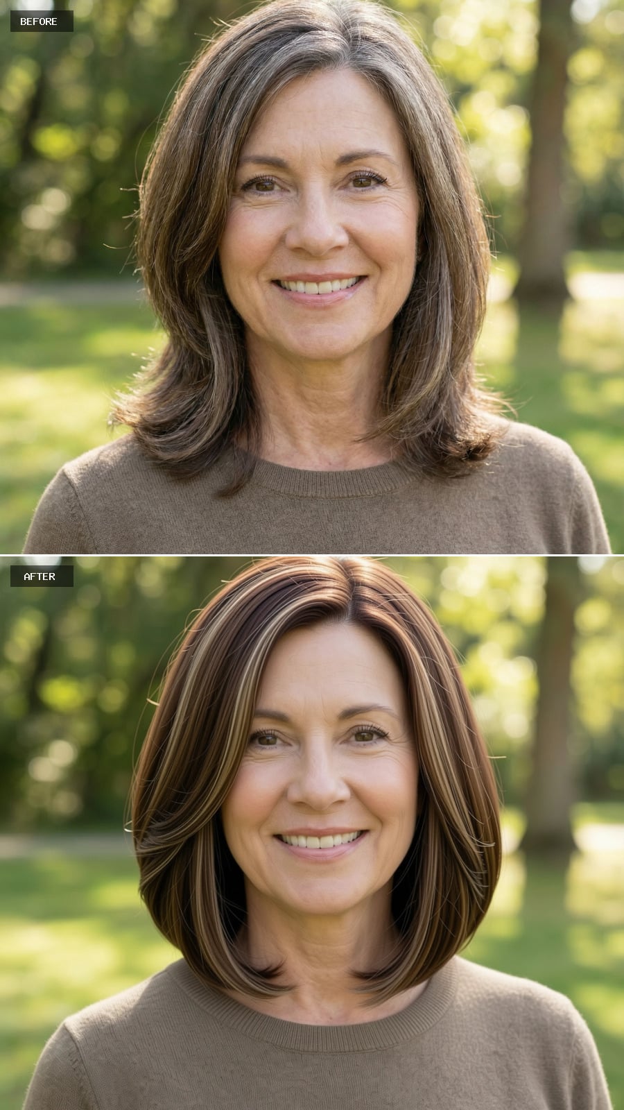 A Jaw-length Brunette Bob With Light Layering And Movement, Grey Removed, Styled With A Smooth Natural Finish