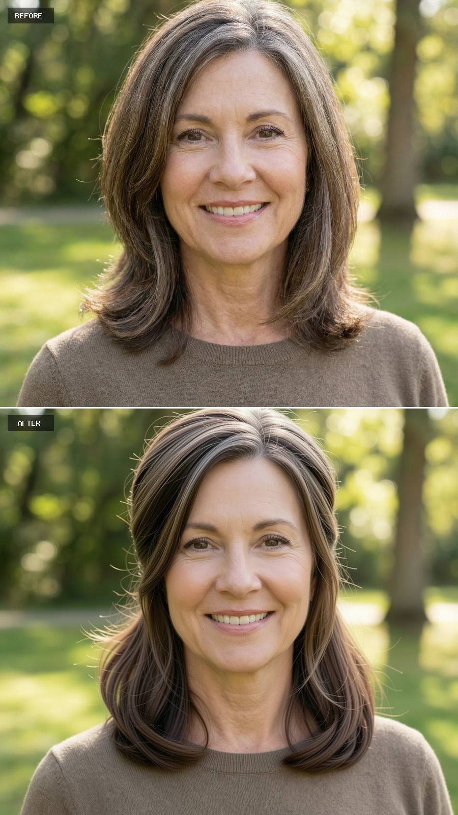 A Shoulder-length Brunette Cut Styled Half-up With A Soft Twist At The Back, Grey Minimized, Elegant And Casual