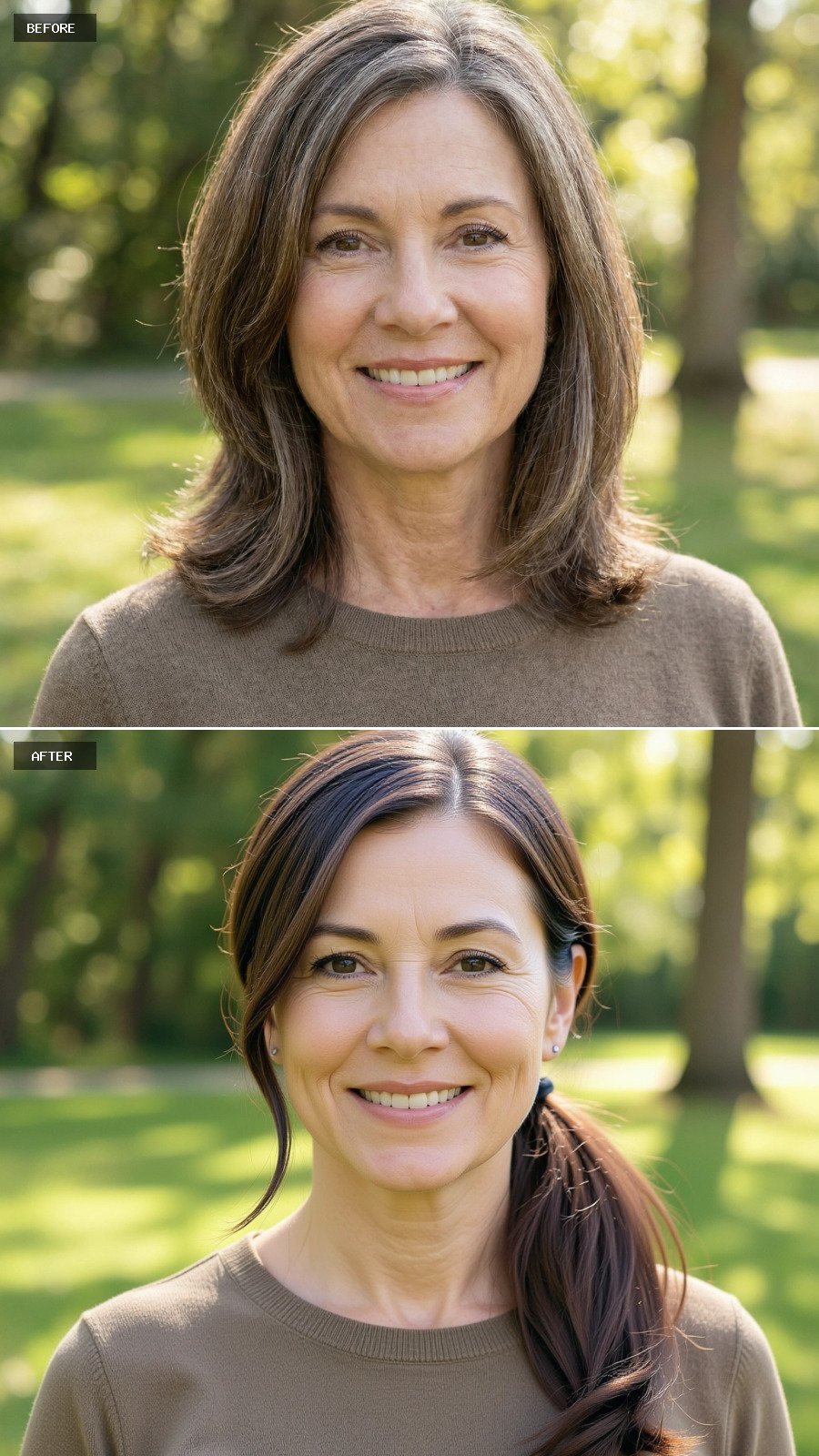 A Long Brunette Hairstyle Styled Into A Side-swept Low Ponytail, Grey Removed, Smooth At The Crown With Soft Length Texture