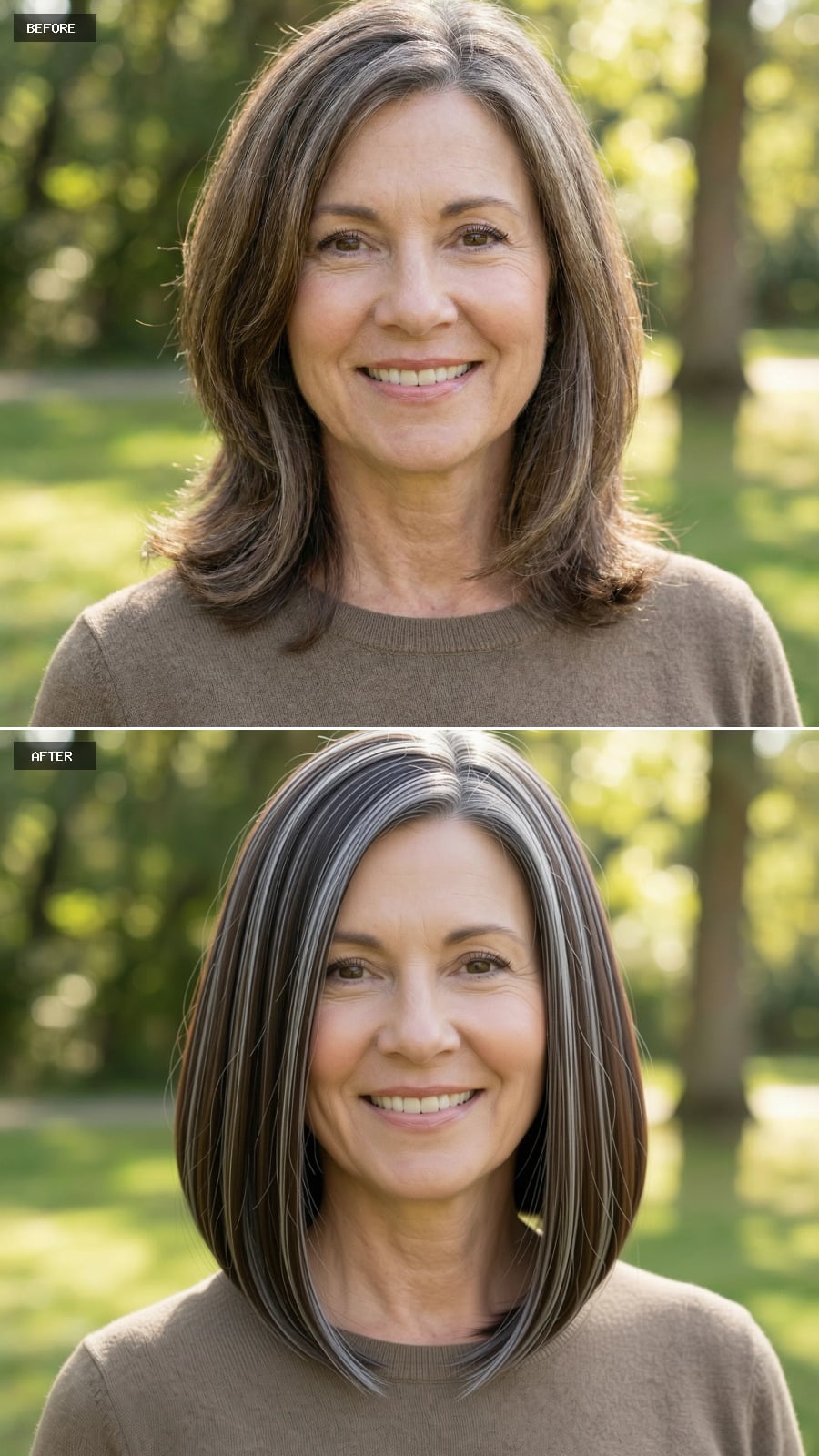 A Collarbone-length Brunette Lob With Subtle Tapering, Grey Blended Out, Styled Straight With A Glossy Finish