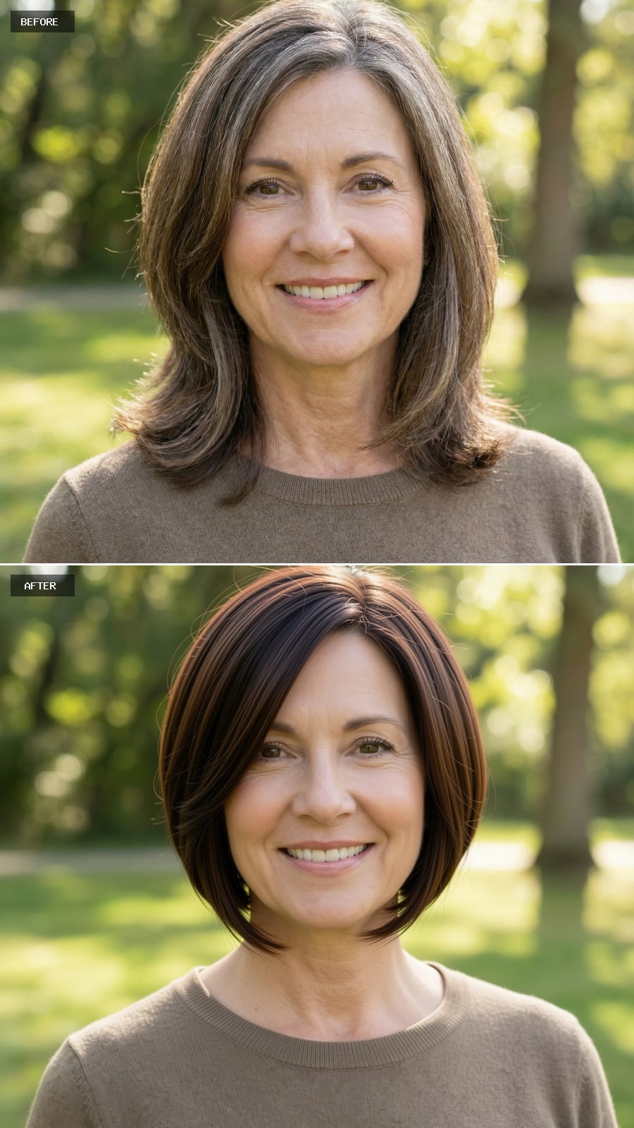 A Short Brunette Crop With Soft Layering Around The Face, Grey Eliminated, Styled Neat And Refined