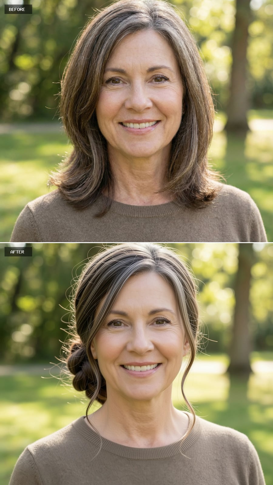 A Medium-length Brunette Hairstyle Styled Into A Loose Braided Low Bun, Grey Minimized With Natural-looking Depth