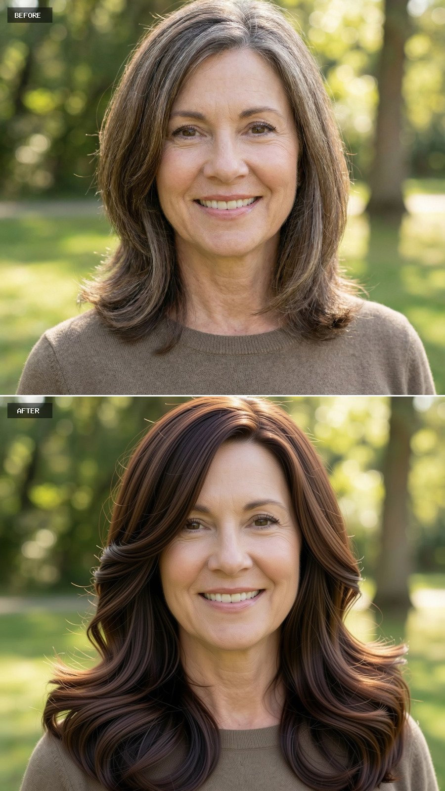 A Long Brunette Cut With Feathered Layers, Grey Removed, Styled In A Classic Voluminous Blowout