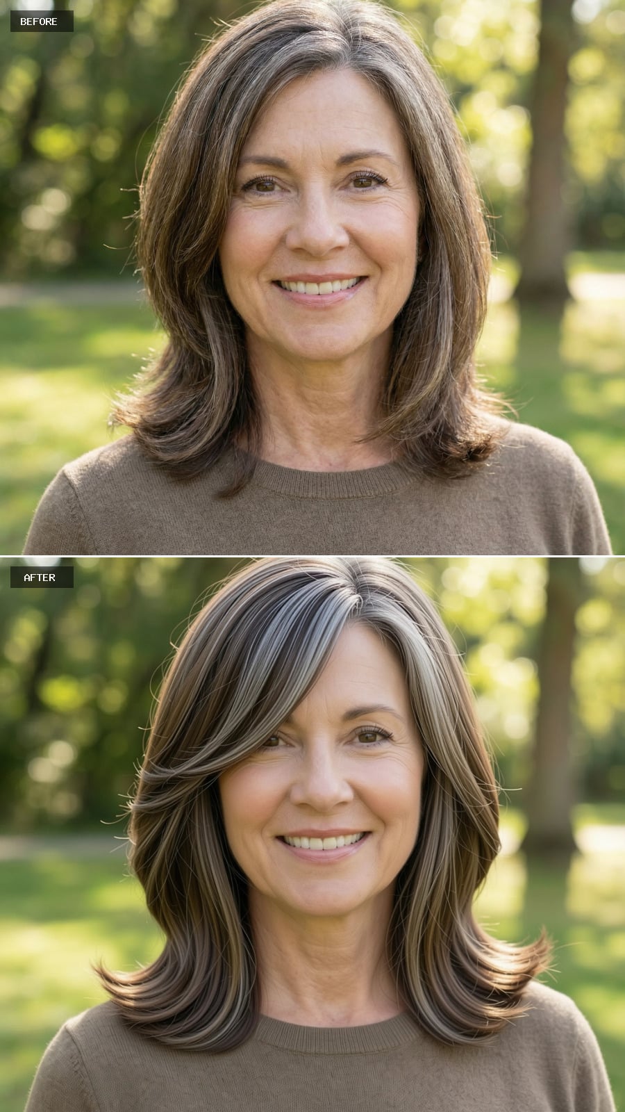 A Shoulder-length Brunette Hairstyle With A Soft Side Fringe, Grey Blended Out, Styled With Gentle Bends