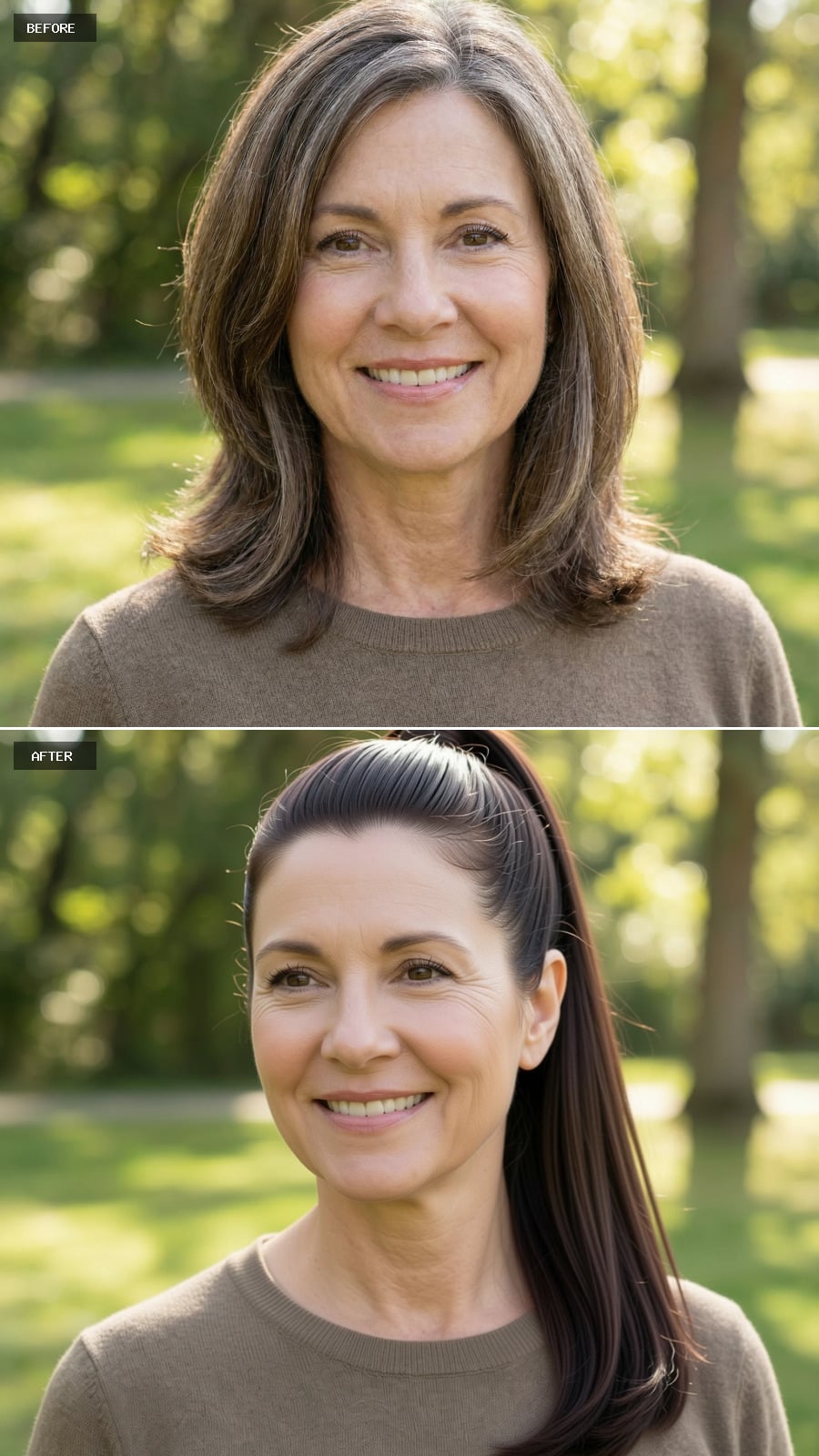 A Sleek Mid-length Brunette Hairstyle Styled Into A High Ponytail With Polished Roots And Smooth Length, Grey Removed