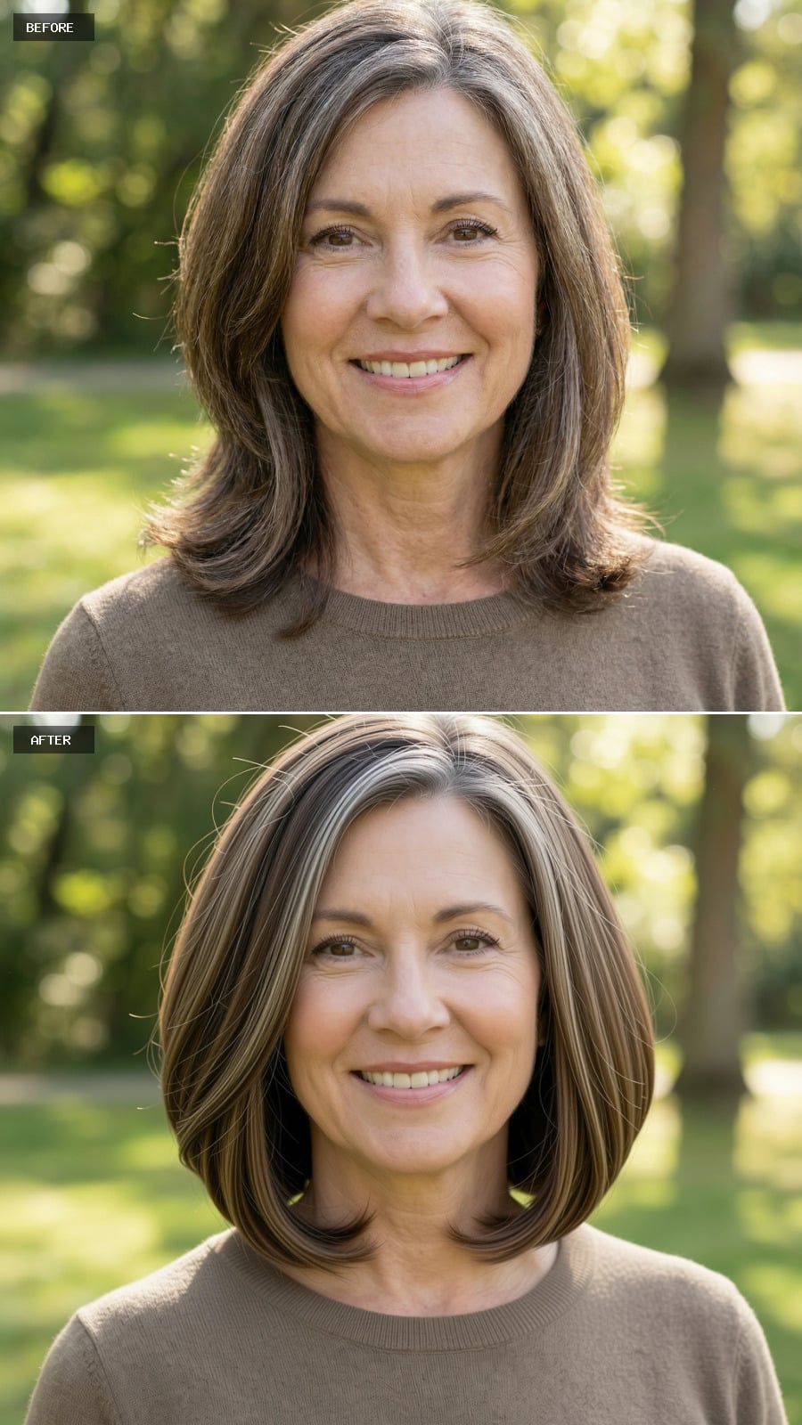 A Chin-length Rounded Brunette Bob With Tucked Ends, Grey Minimized, Styled Timeless And Elegant