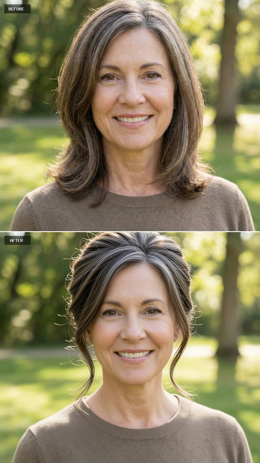 A Shoulder-length Brunette Cut Styled Into A Relaxed Updo With Soft Volume At The Crown, Grey Fully Blended