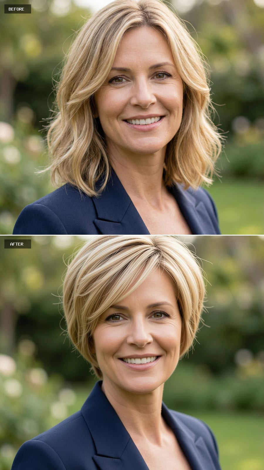 44-year-old Woman With Short Blonde Pixie Cut, Soft Textured Layers, Warm Golden Blonde Tone, Modern And Flattering, Smiling, Outdoor Headshot, Natural Light, Realistic Skin Texture