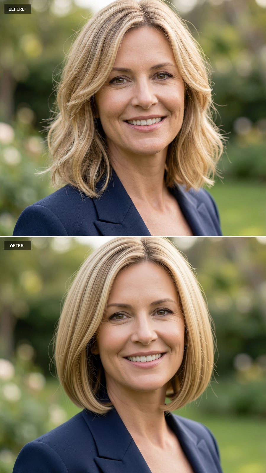 44-year-old Woman With Chin-length Blonde Bob, Subtle Wave, Buttery Blonde Color, Clean Blunt Ends, Smiling, Outdoor Headshot With Soft Greenery Background