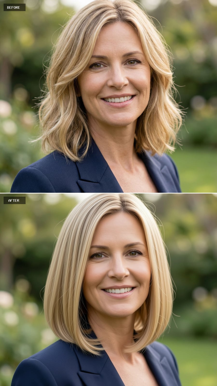 44-year-old Woman With Collarbone-length Blonde Lob, Smooth Blowout, Warm Beige Blonde, Polished And Timeless, Smiling, Outdoor Headshot