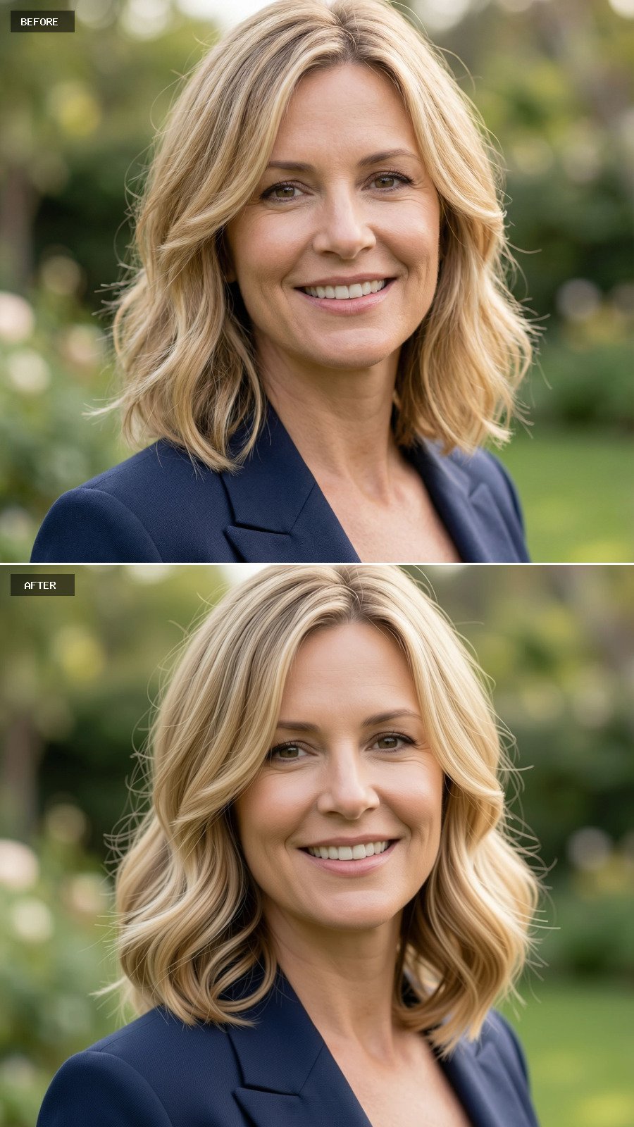 44-year-old Woman With Shoulder-length Blonde Lob, Soft Balayage From Warm Blonde To Light Caramel Ends, Relaxed Waves, Smiling, Outdoor Headshot
