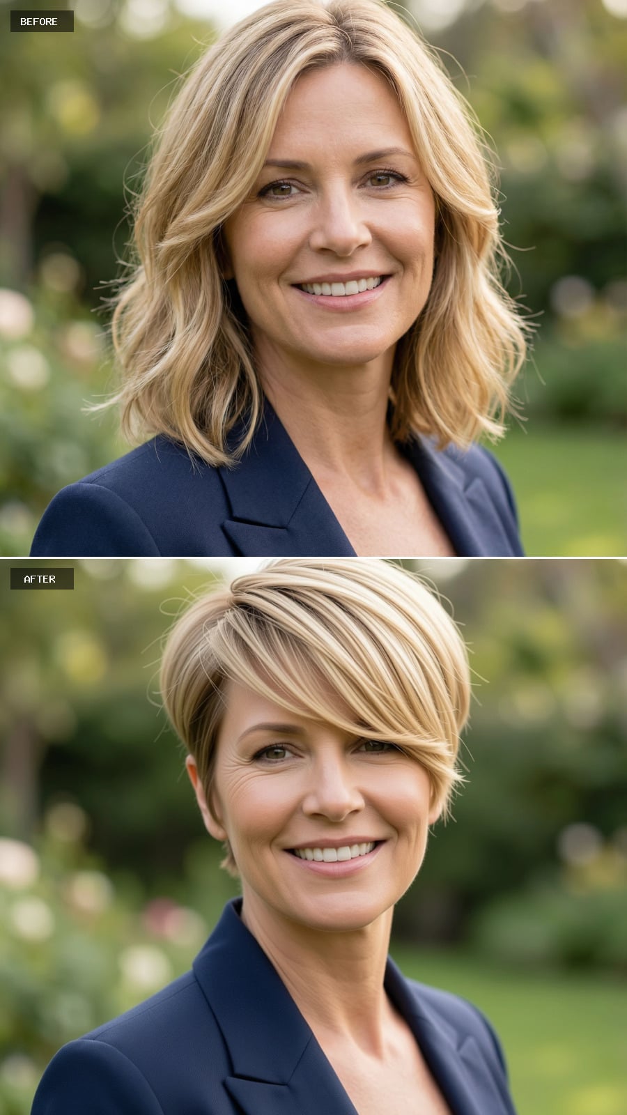44-year-old Woman With Cropped Pixie-bob Hybrid, Warm Blonde Tone, Side-swept Fringe, Chic And Modern, Smiling, Outdoor Headshot
