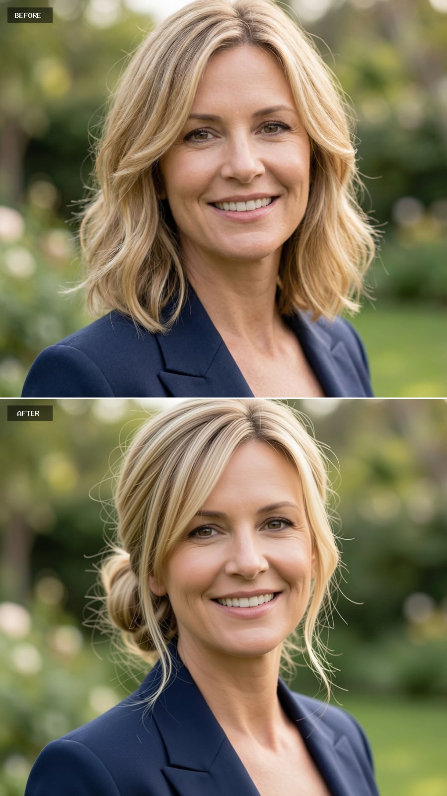 44-year-old Woman With Medium-length Blonde Hair In A Low Loose Bun, Soft Face-framing Strands, Warm Blonde Tone, Casual Upstyle, Smiling, Outdoor Headshot
