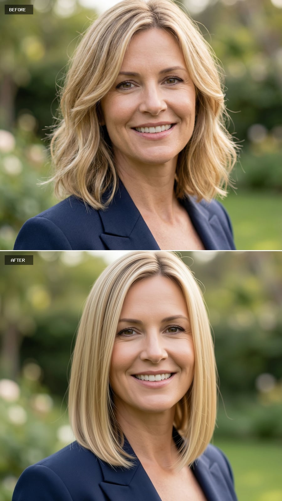 44-year-old Woman With Shoulder-length Blonde Hair, Sleek Straight Style, Warm Champagne Blonde, Minimalist And Polished, Smiling, Outdoor Headshot