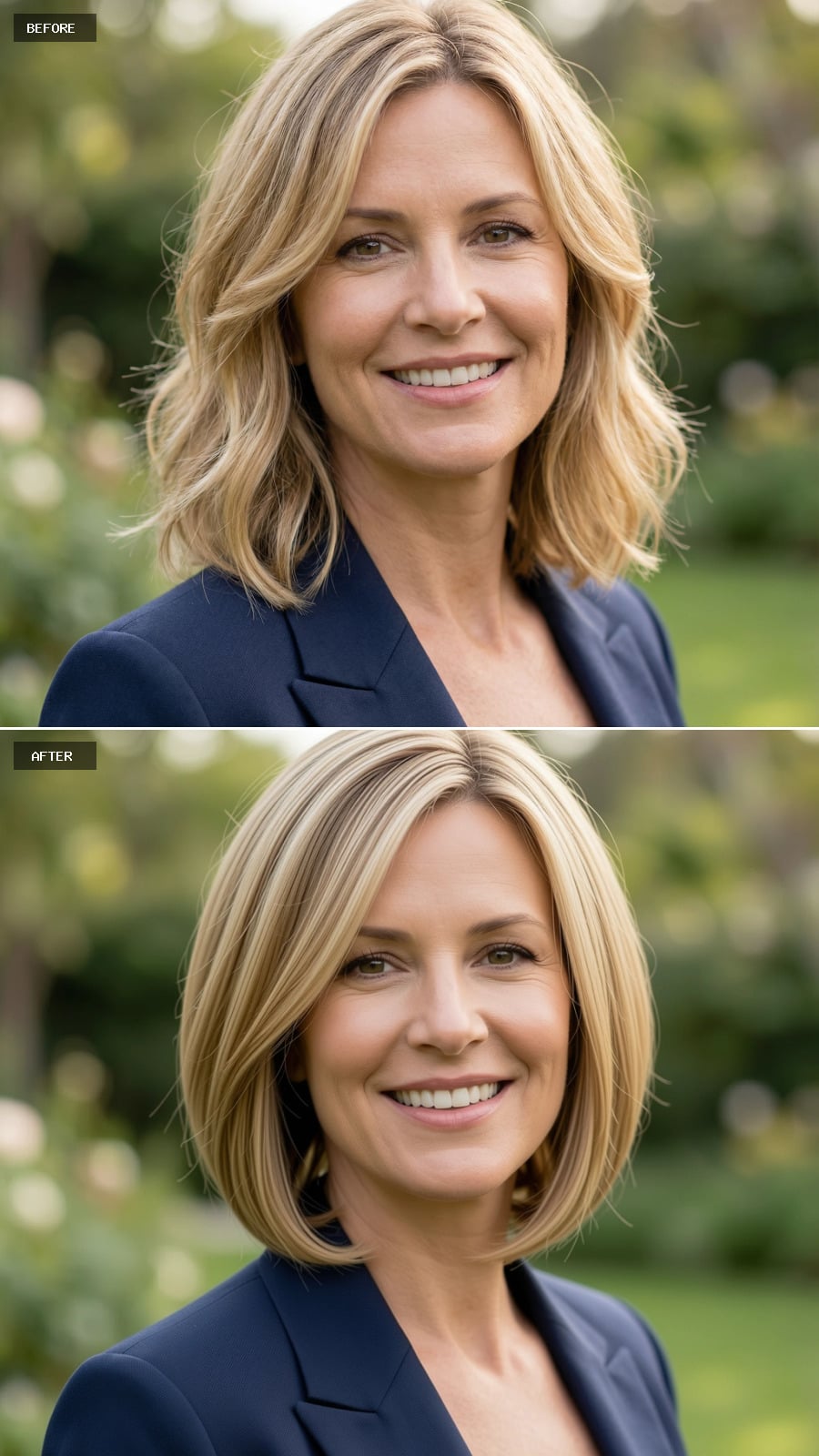 44-year-old Woman With Jaw-length French Bob, Warm Blonde Shade, Slight Bend At The Ends, Sophisticated And Modern, Smiling, Outdoor Headshot
