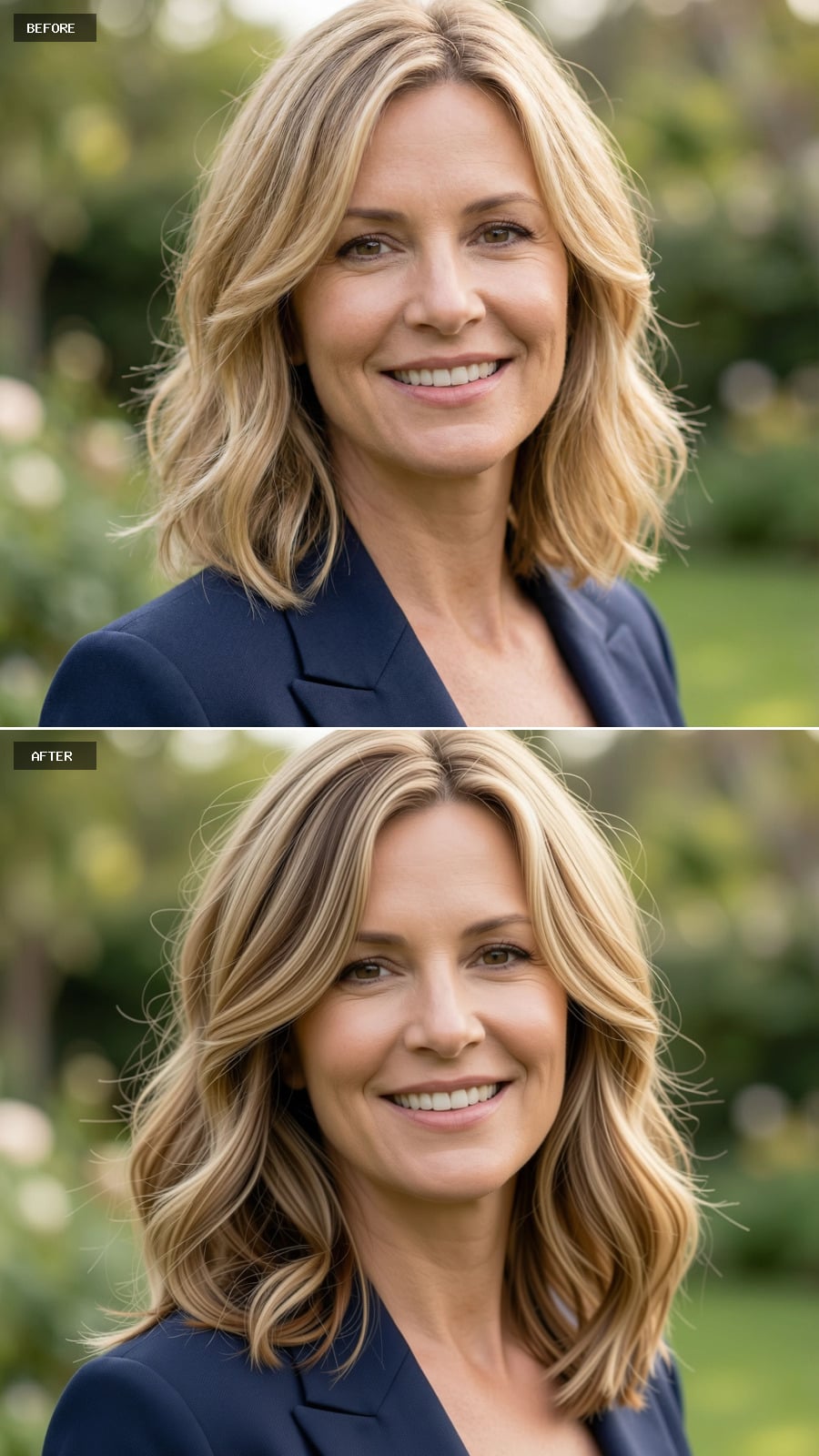 44-year-old Woman With Layered Shoulder-length Light Brown Hair, Subtle Caramel Highlights, Soft Volume, Natural Movement, Smiling, Outdoor Headshot