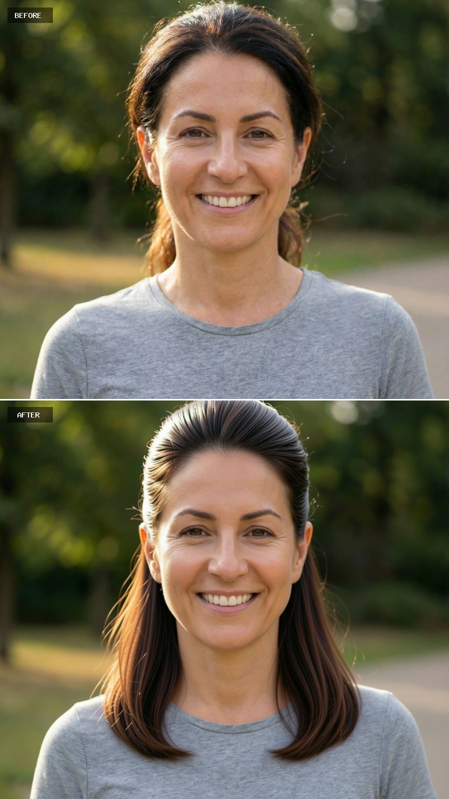 Photorealistic Headshot Of The Exact Same Woman From The Reference Image, Smiling, With Medium-length Brunette Hair Styled In A Sleek Half-up Style With Clean Lines And Polished Texture, Luminous Natural Makeup, Outdoor Daylight Setting.
