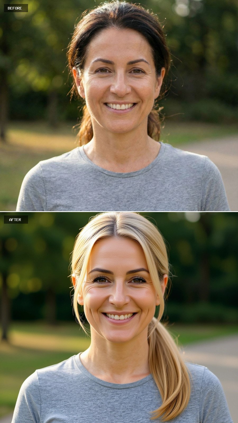 Photorealistic Headshot Of The Exact Same Woman From The Reference Image, Smiling, Wearing A Low Sleek Ponytail In Sandy Blonde With A Smooth Finish And Subtle Face-framing Pieces, Refined Understated Makeup, Outdoor Greenery Background.