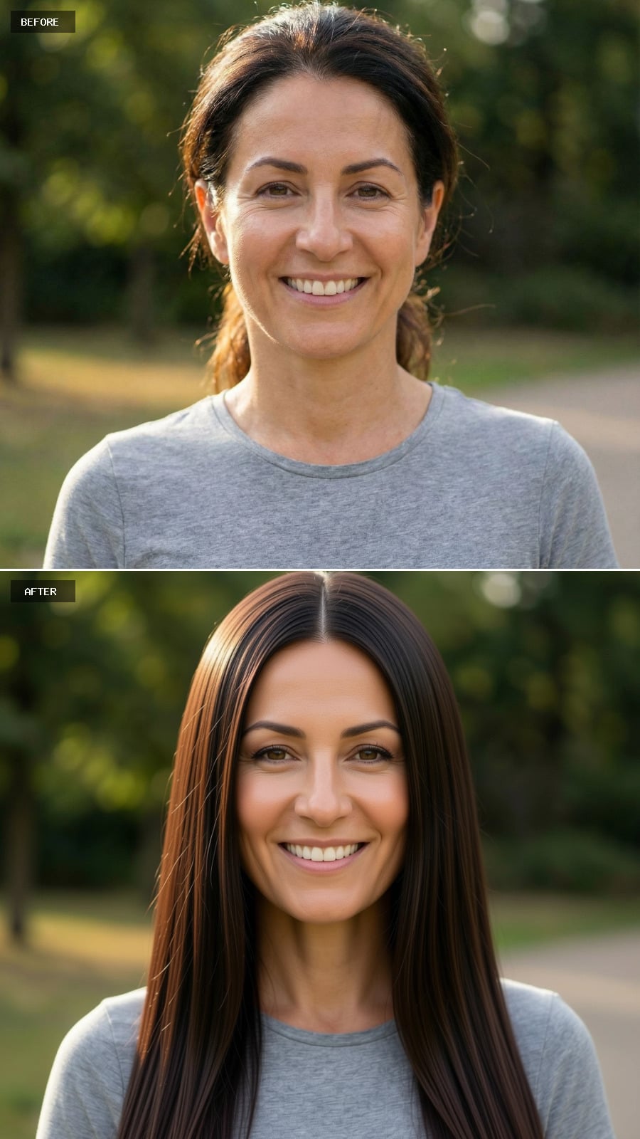 Photorealistic Headshot Of The Exact Same Woman From The Reference Image, Smiling, With Long Dark Brunette Hair Worn Down, Straight And Glossy With A Precise Center Part, Clean Modern Look, Natural Luminous Makeup, Blurred Outdoor Background.